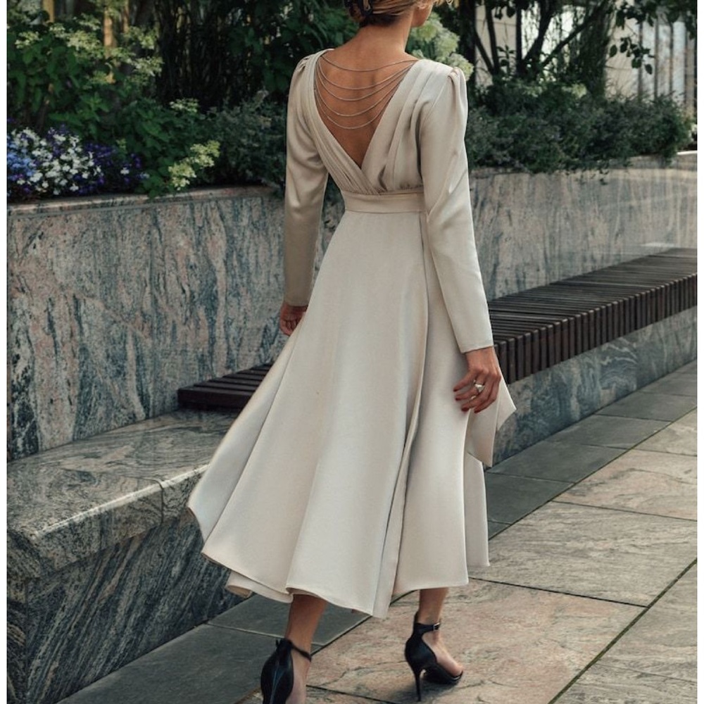 Lichi CHAIN-EMBELLISHED OPEN-BACK SATIN MIDI DRESS
